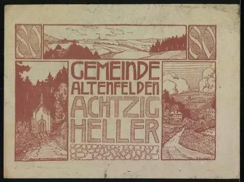 Notgeld Altenfelden 1920, 80 Heller, Landschaft und Kirche, dekorativer Baum mit Wertzahl 80