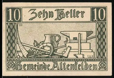 Notgeld Altenfelden, 10 Heller, landwirtschaftliche Werkzeuge und Stadtansicht mit Burg und Landschaft