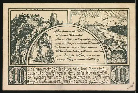 Notgeld Altenfelden, 10 Heller, landwirtschaftliche Werkzeuge und Stadtansicht mit Burg und Landschaft