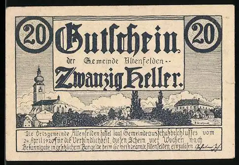 Notgeld Altenfelden, 20 Heller, Stadtansicht und historische Gebäude, 1921