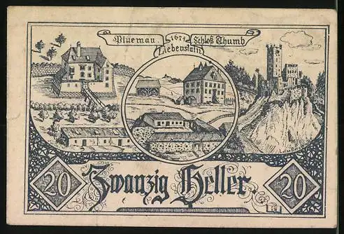 Notgeld Altenfelden, 20 Heller, Stadtansicht und historische Gebäude, 1921