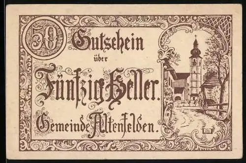 Notgeld Altenfelden 1920, 50 Heller, Dorfszene mit Kirche und Arbeiter mit Sense und Händedruck