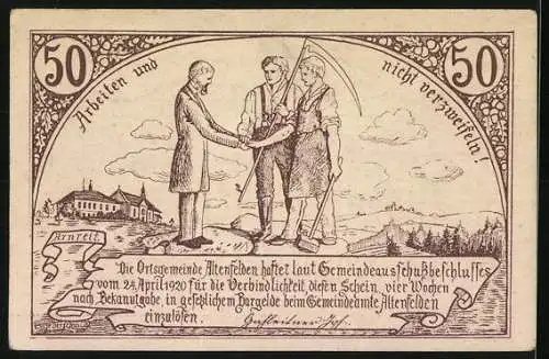 Notgeld Altenfelden 1920, 50 Heller, Dorfszene mit Kirche und Arbeiter mit Sense und Händedruck