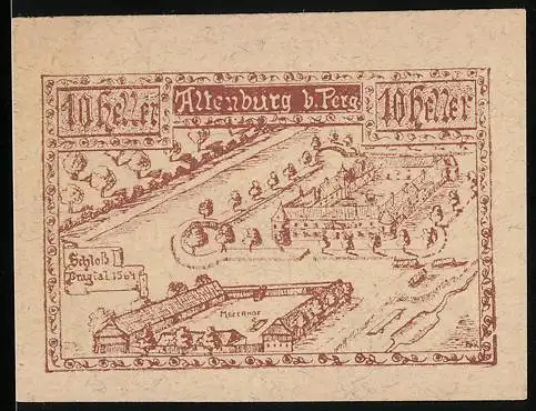 Notgeld Altenburg b. Perg 1921, 10 Heller, Schloss Pragstein und Stadtansicht