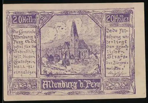 Notgeld Altenburg b. Perg 1921, 20 Heller, Kirche und Gemeindehinweis