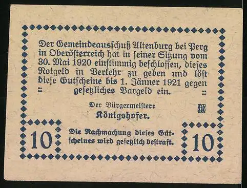 Notgeld Altenburg bei Perg 1921, 10 Heller, Schloss Pragstein und Flusslandschaft