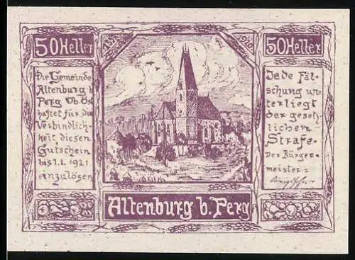 Notgeld Altenburg b. Perg 1921, 50 Heller, Kirche und Text mit rechtlichen Hinweisen