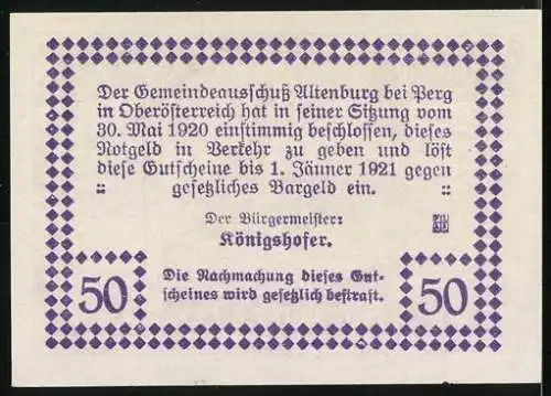 Notgeld Altenburg b. Perg 1921, 50 Heller, Kirche und Text mit rechtlichen Hinweisen