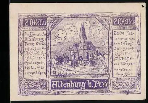 Notgeld Altenburg b. Perg 1921, 20 Heller, Kirche und Textumrandung