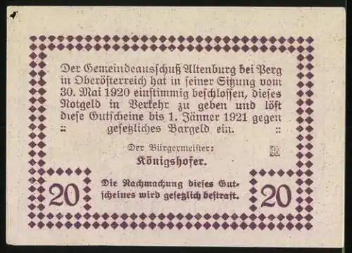 Notgeld Altenburg b. Perg 1921, 20 Heller, Kirche und Textumrandung