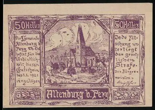 Notgeld Altenburg b. Perg 1921, 50 Heller, Kirche und Landschaftsmotiv