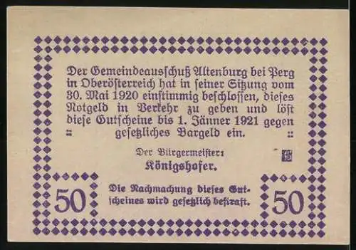 Notgeld Altenburg b. Perg 1921, 50 Heller, Kirche und Landschaftsmotiv