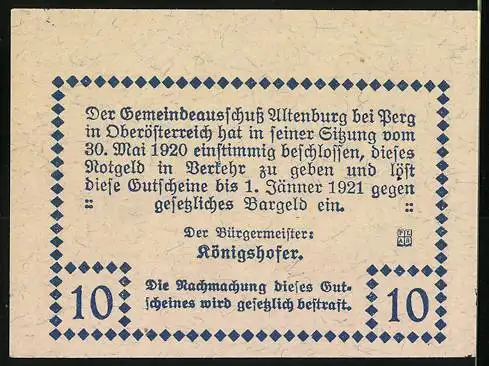 Notgeld Altenburg b. Perg 1920, 10 Heller, Schloss Pragstein und Stadtansicht