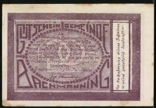 Notgeld Bachmanning 1920, 20 Heller, ländliche Szene und Schriftzug Gutschein der Gemeinde