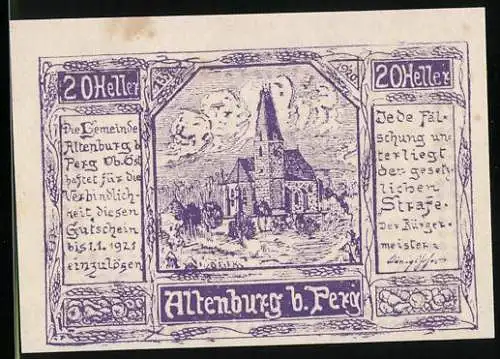 Notgeld Altenburg b. Perg 1921, 20 Heller, Kirche und Landschaftsmotiv