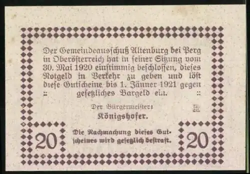 Notgeld Altenburg b. Perg 1921, 20 Heller, Kirche und Landschaftsmotiv