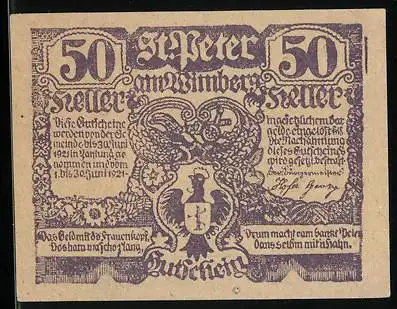 Notgeld St. Peter am Wimberg 1921, 50 Heller, Stadtansicht und Wappen, lila Motiv