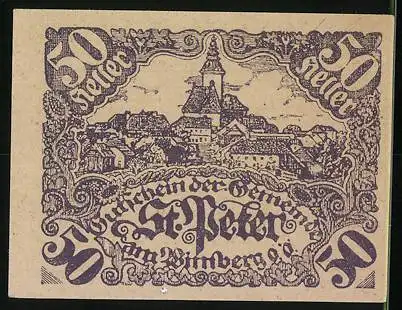 Notgeld St. Peter am Wimberg 1921, 50 Heller, Stadtansicht und Wappen, lila Motiv