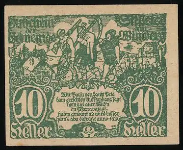 Notgeld St. Peter am Wimberg 1921, 10 Heller, Bergarbeiter und Wappen