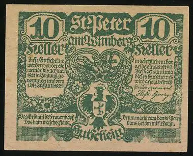 Notgeld St. Peter am Wimberg 1921, 10 Heller, Bergarbeiter und Wappen