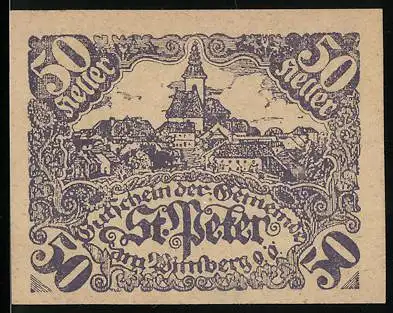 Notgeld St. Peter am Wimberg 1921, 50 Heller, Stadtansicht und Wappen mit Adler