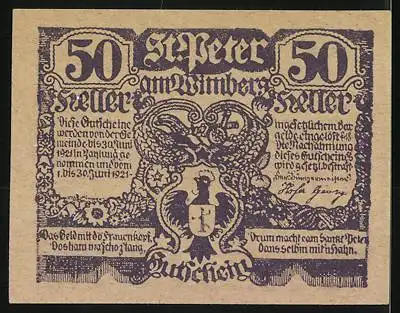 Notgeld St. Peter am Wimberg 1921, 50 Heller, Stadtansicht und Wappen mit Adler