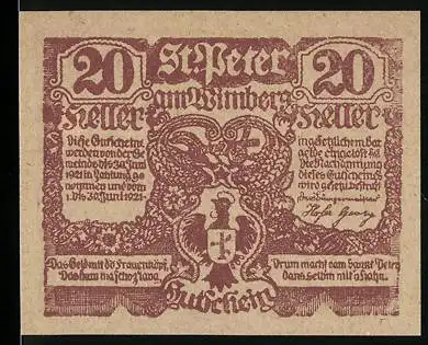 Notgeld St. Peter am Wimberg 1921, 20 Heller, Wappen und historische Szene mit Bauern