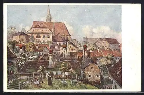 Künstler-AK Steyr, Teilansicht vom Hundsgraben aus