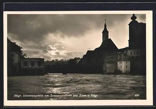 AK Steyr, Zusammenfluss von Enns und Steyr am Abend