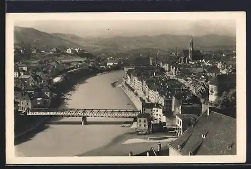 AK Steyr a. d. Enns, Ortspanorama mit Brücke