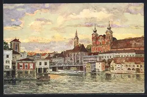 Künstler-AK Steyr, Ortspartie mit Kirche vom Fluss aus gesehen