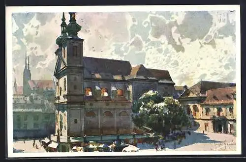 Künstler-AK Jaroslav Setelik: Brünn, Partie am Dominikanerplatz