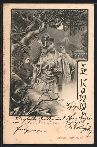 Künstler-AK Charles Scolik: Frau mit Fächer in japanischer Kleidung