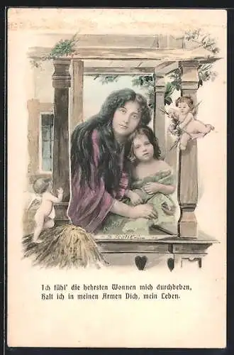 Künstler-AK Charles Scolik: Frau hält ihre Tochter im Arm