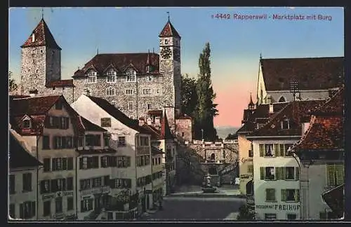 AK Rapperswil, Blick auf den Marktplatz mit Burg, Restaurant Freihof