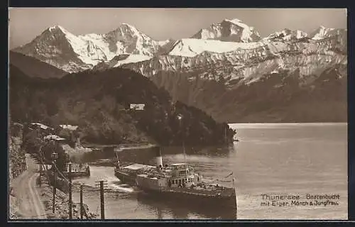 AK Salondampfer Beatus in der Beatenbucht am Thunersee, mit Eiger, Mönch und Jungfrau