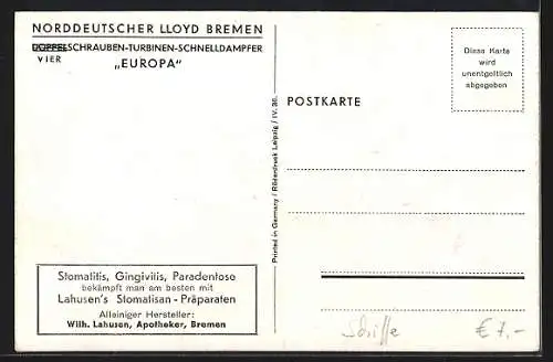 Künstler-AK Passagierschiff Europa pflügt durchs Wasser, Norddeutscher Lloyd Bremen