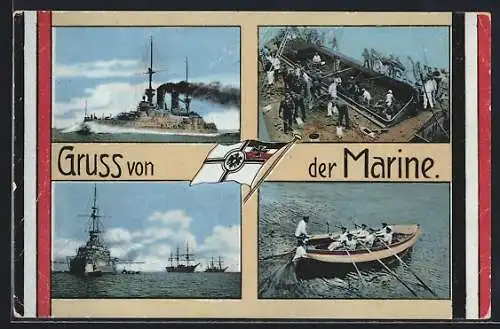 AK Kriegsschiff der Kaiserlichen Marine, Männer beim Kohleschaufeln, Beiboot