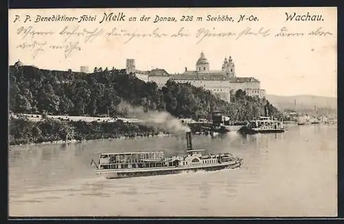 AK Salondampfer Habsburg auf der Donau bei Melk, mit P. P. Benediktiner-Abtei