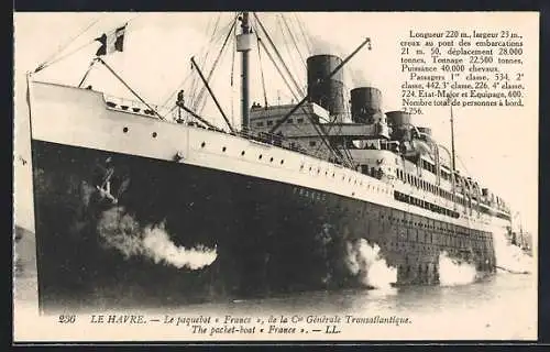 AK Passagierschiff France im Hafen von Le Havre, Cie. Générale Transatlantique