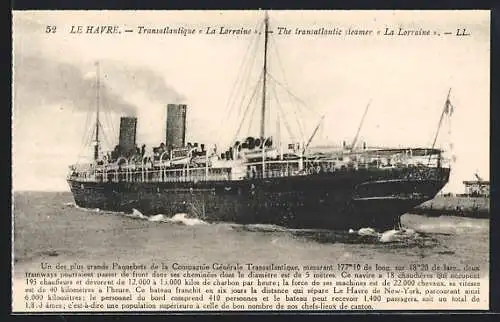 AK Passagierschiff La Lorraine im Hafen, Compagnie Générale Transatlantique