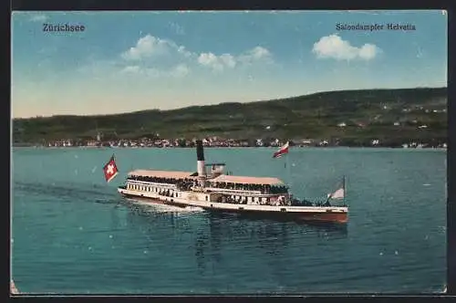 AK Salondampfer Helvetia auf dem Zürichsee, Küstenpanorama