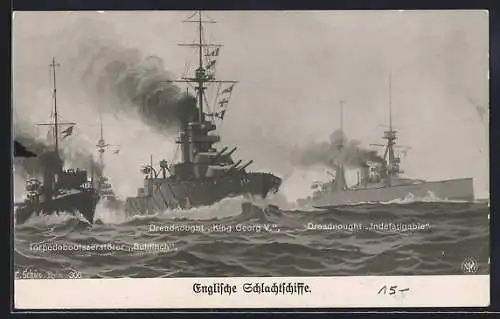 AK Englische Kriegsschiffe Torpedobootszerstörer Bullfinch, Dreadnoughts King George V. und Indefatigable