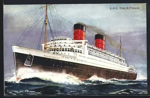 Künstler-AK Passagierschiff RMS Mauretania pflügt durchs Wasser