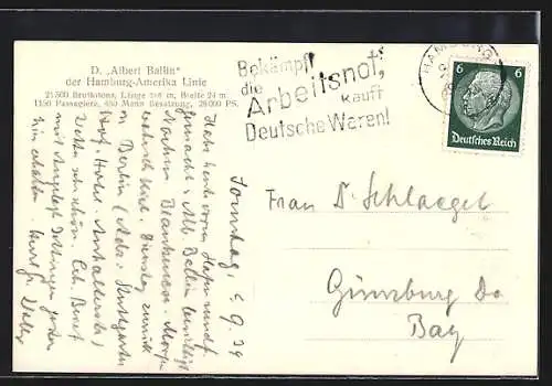 AK Passagierschiff Albert Ballin der Hamburg-Amerika-Linie nahe der Küste