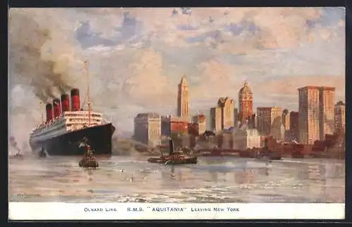 Künstler-AK Cunard Liner R.M.S Aquitania leaving New York