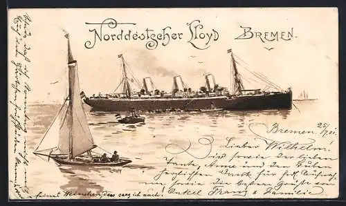 Lithographie Passagierschiff des Norddeutschen Lloyd auf hoher See