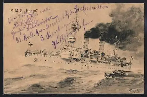 Künstler-AK Kriegsschiff SMS Hagen auf stürmischer See