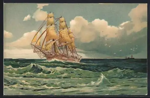 Lithographie Segelschiff auf stürmischer See