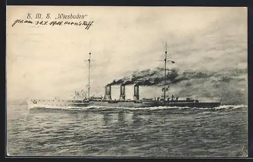 Künstler-AK Kriegsschiff SMS Wiesbaden unter Volldampf, gesunken Skagerrak 1916